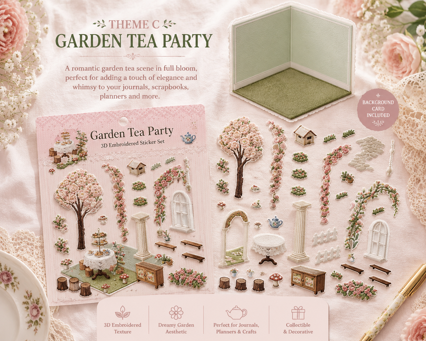 Garden Tea Nook – embroidered style Sticker Set