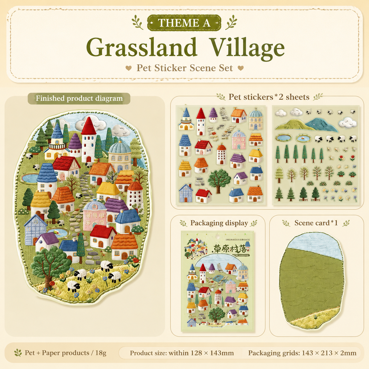 Small Town Stroll - Embroidered Style Sticker Set