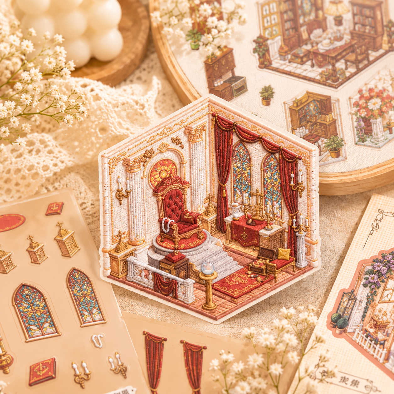 Enchanted Manor Collection 8 Miniature Embroidered Scene Sticker Set