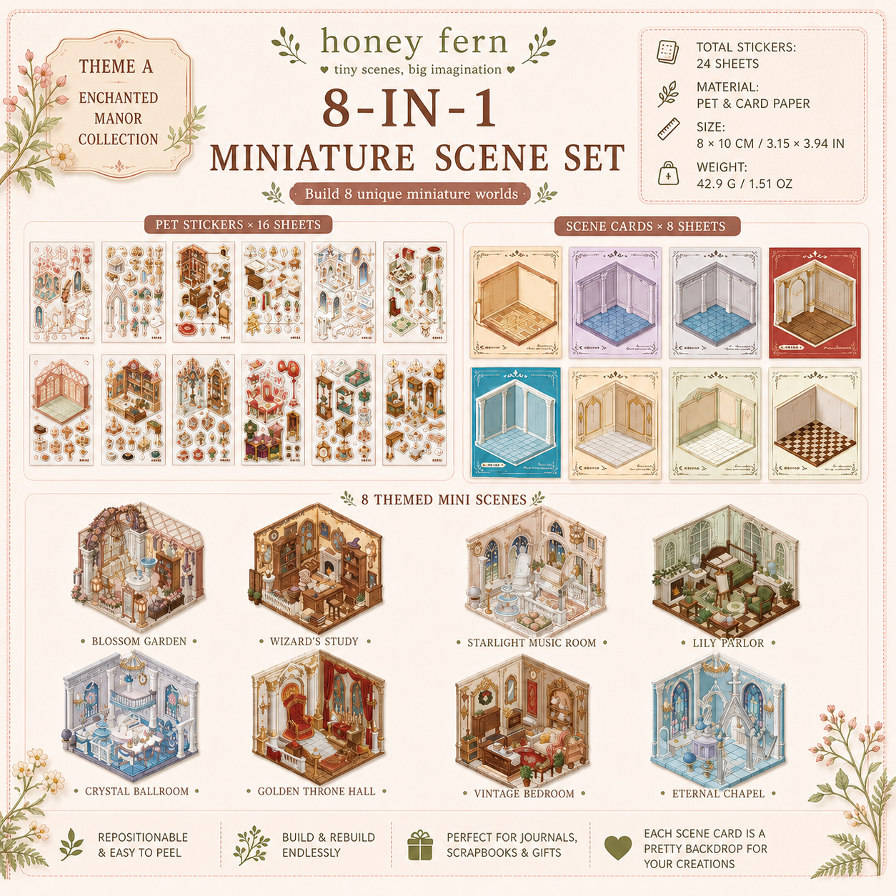 Enchanted Manor Collection 8 Miniature Embroidered Scene Sticker Set