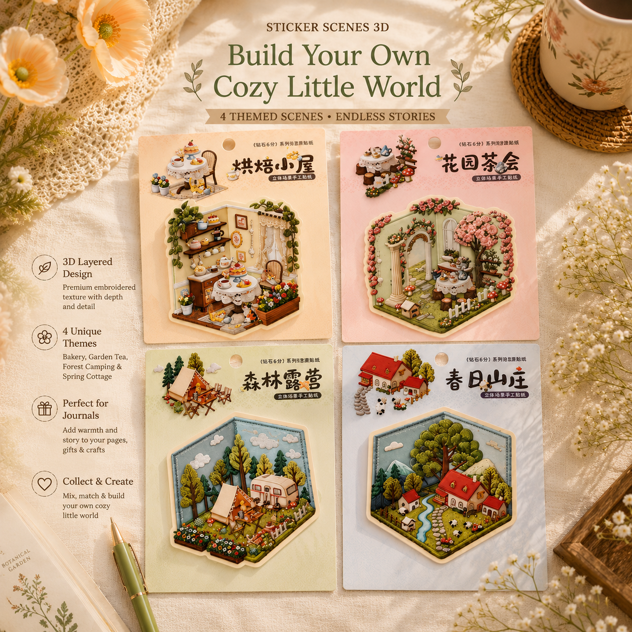 Garden Tea Nook – embroidered style Sticker Set